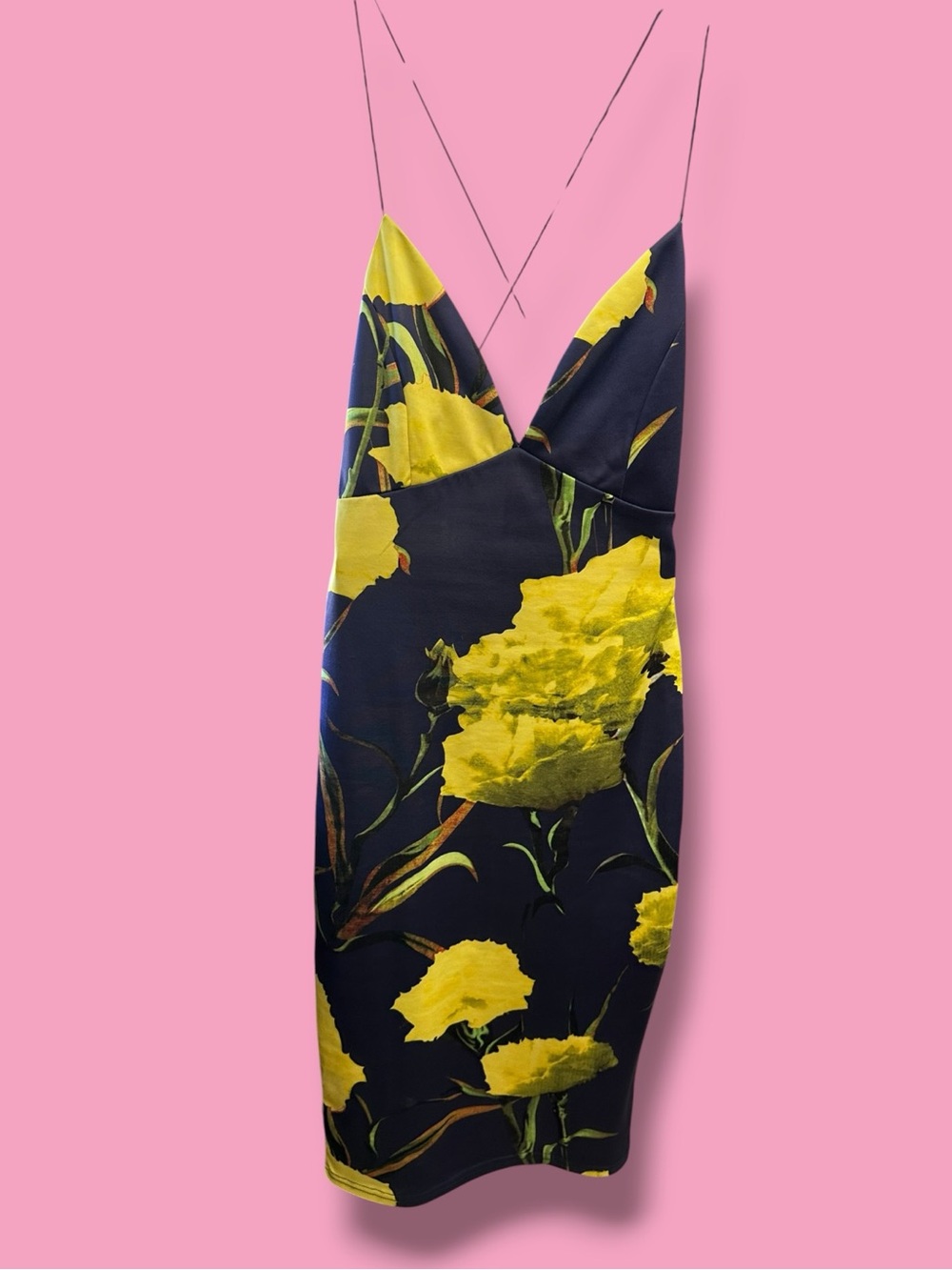 Spaghetti Strap Navy Dress with Yellow Floral Print AX - Picture 1 of 3